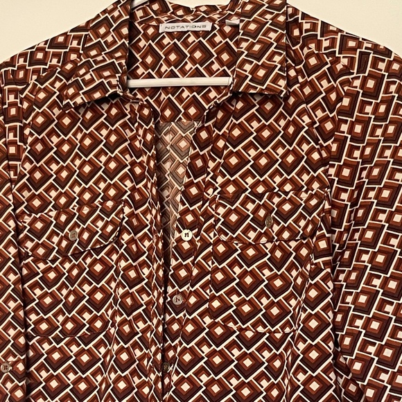 Notions Tops - Notations Brown Geometric Retro Print Button Down Shirt Women Size M 70s Style